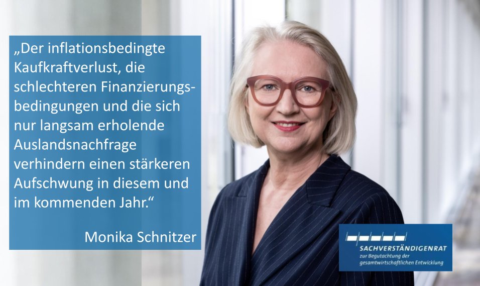 #Konjunkturprognose des @SVR_Wirtschaft: Die hohe #Inflation ist der größte Belastungsfaktor für die deutsche Wirtschaft in diesem Jahr und dämpft den privaten #Konsum. Zudem belasten die steigenden #Zinsen die Investitionen. @MonikaSchnitzer sachverstaendigenrat-wirtschaft.de/konjunkturprog…