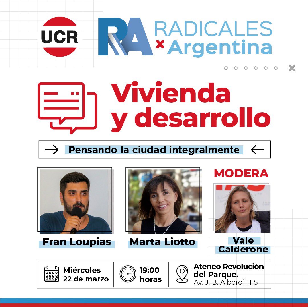 radicalesxarg's tweet photo. 📢 Charla debate “Vivienda y desarrollo - Pensando la ciudad integralmente”

🗓️ Mañana a las 19 hs.

📍 Ateneo Revolución del Parque - Av. J. B. Alberdi 1115.

Súmate para debatir la ciudad que soñamos. https://t.co/IZfnEuq0El