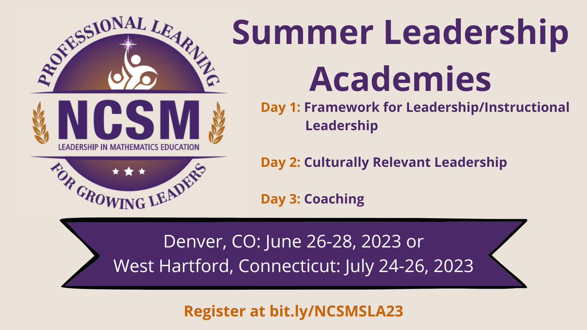 Register now for Summer Leadership Academy! Come examine the structures, actions, and mindset necessary to lead effective and equitable mathematics programs. #NCSMBold #NCSMSLA23 

Click here for more info: bit.ly/NCSMSLA23