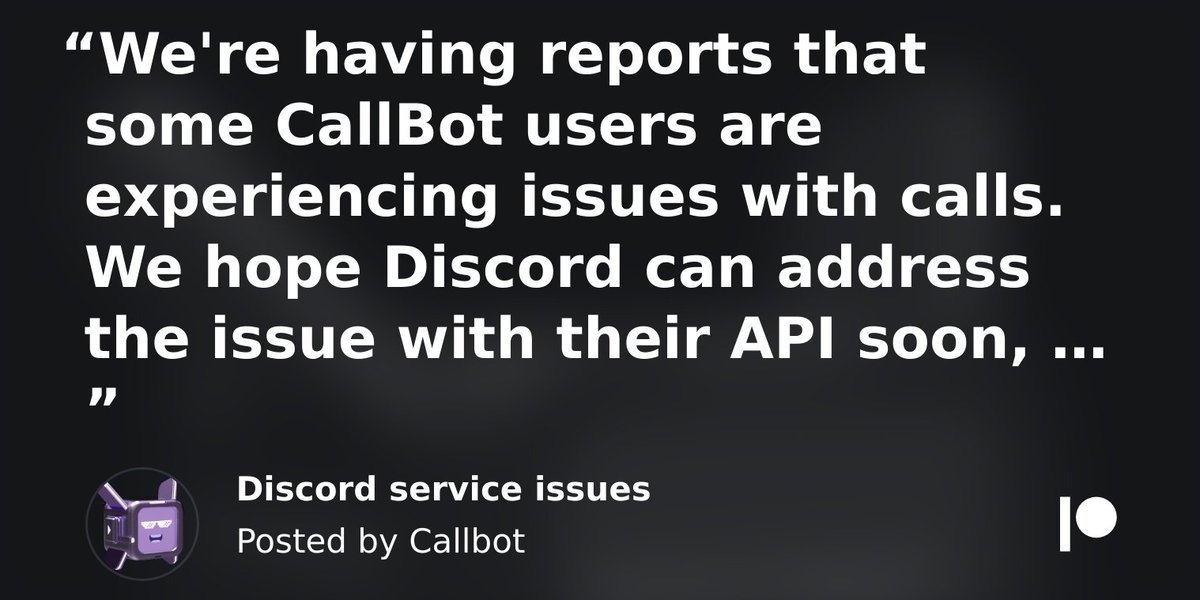 CallBotDiscord's tweet image. ⚠️ Attention CallBot users: We’re still registering issues with Discord’s API, which might impact your calls. Thanks for your understanding!
#DiscordProblems #DiscordAPI #FingersCrossed
patreon.com/posts/80299846