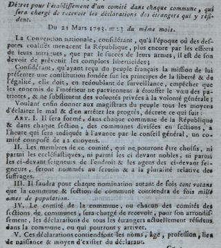 1792_1815's tweet photo. 21 mars 1793 Suite au rapport de Jean #Debry (député de l’Aisne) au nom du #Comité #Diplomatique, la #Convention décrète la formation dans chaque commune (ou sections) d’un comité de 12 citoyens chargé de la surveillance des étrangers. https://t.co/gjsFVKrILp