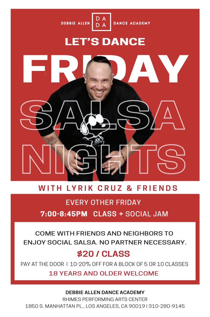 OfficialDADance's tweet image. KICK OFF YOUR WEEKEND with Lyrik Cruz’s SALSA NIGHT!🔥 Join us THIS Friday, March 24 at 7pm. No partner or prior experience necessary. See you there!💃🏻

Learn more about all our Adult Open classes at debbieallendanceacademy.com/open-classes. 

#losangeles #salsadancing #salsaclass #thingstodoinla