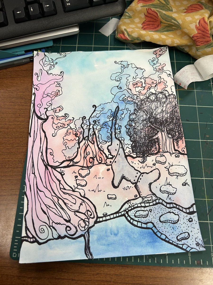 mooneyhamartlab's tweet image. Been inspired by the recent Reverse coloring book trend. Had this piece of paper I painted in and started outline what I saw. I call it “The Park” #reversecoloringbook #watercolor #fun #zen