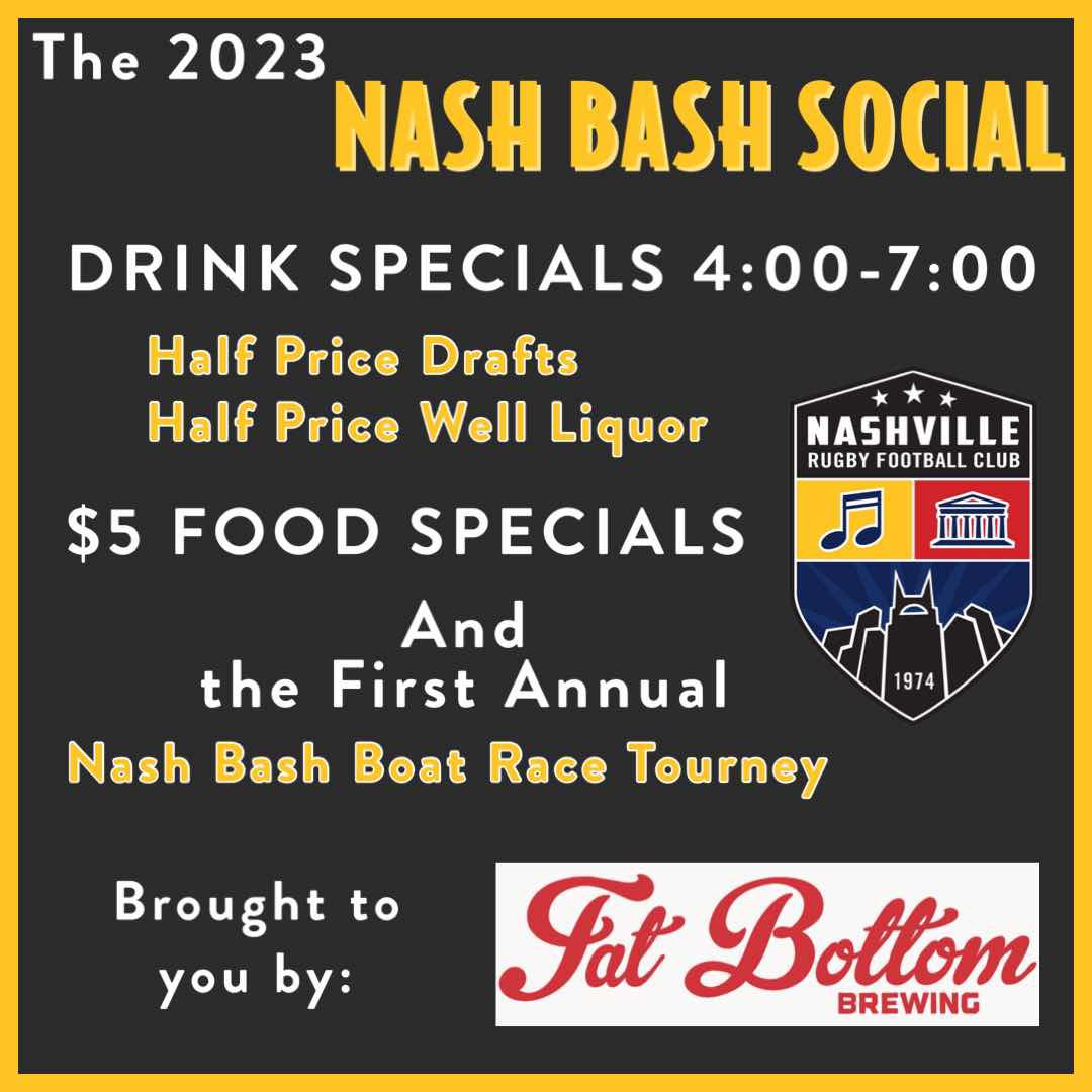 Join us for the ultimate pre-tournament social for Nash Bash 2023!

We're teaming up with @fatbottombrews to bring you an unforgettable evening of fun, food, and drinks!

Come hang out with ruggers from all over the USA and kickoff a weekend to remember!

#NashBash #Nashville