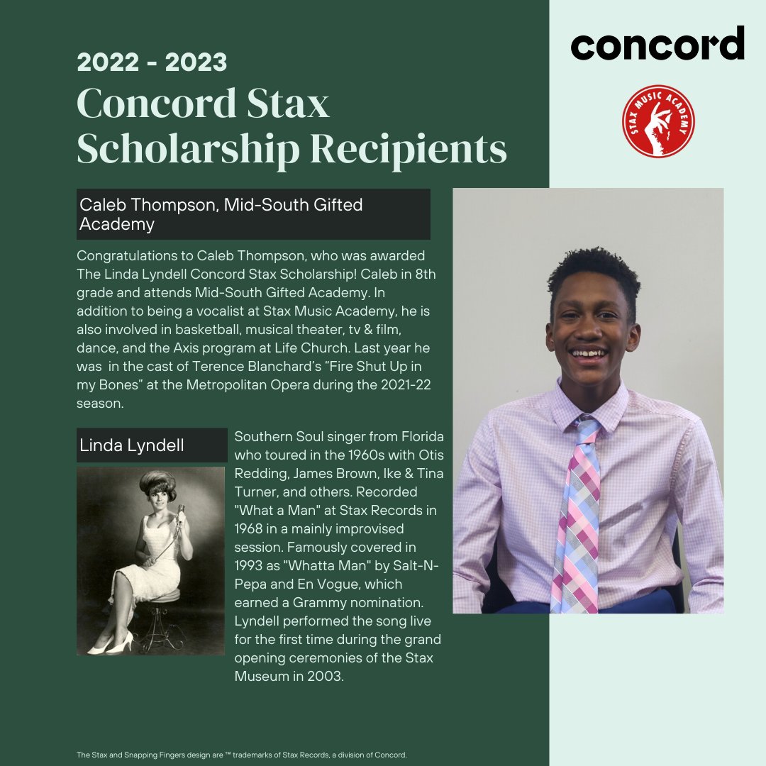 Celebrating Concord Stax Scholarship recipient Caleb Thomas! The award honors Stax Records' Linda Lyndell. SMA student Caleb excels in vocal performance at the academy plus participates in basketball, theater, dance, and more!