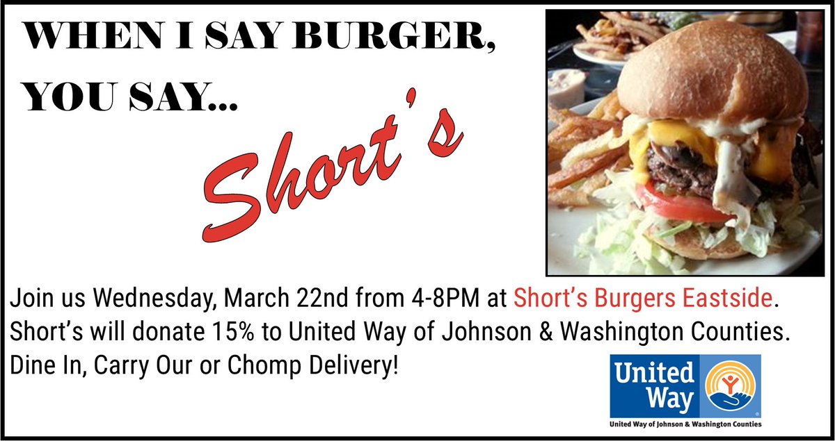 uwayjwc's tweet image. Join us Wednesday, March 22nd from 4-8PM at @ShortsEastside Burgers. Short’s will donate 15% to @uwayjwc. 
Dine In, Carry Our or @CHOMPdeliveryIC ! 🍔😋