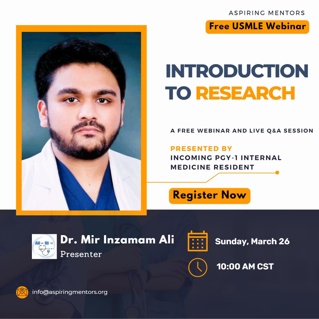 Join us as Dr. Mir Inzamam Ali, MD, an incoming PGY-1 internal medicine resident discusses about Introduction to Research in a live webinar and Q&amp;A session. 
Don’t miss it! Register here today-  lnkd.in/g3Q2Qv7W
"Find a Mentor be a Mentor"
#medtwitter #research #match2023