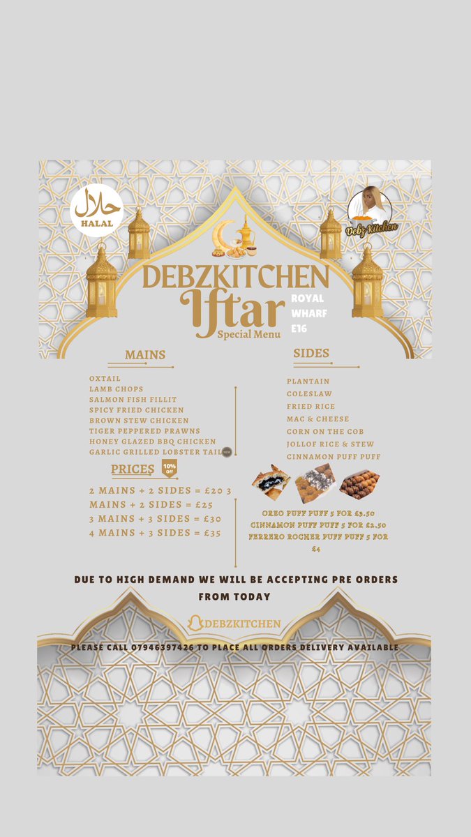 debzkitchen's tweet photo. To all our Muslim customers here is our menu for the Ramadan period. It’s very important that you pre order your platters to save disappointment. We are NOW accepting pre orders ! Call us today on 07946397426 to create your own platter. #iftar #Ramadan 

#foodblog #foodie https://t.co/5K6dPVfamP