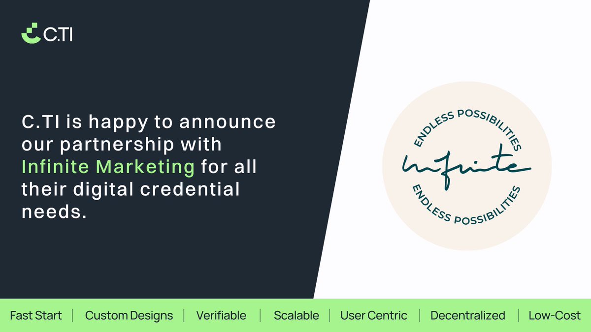 C.TI is happy to be Infinite Marketing’s digital credential provider.
You can instantly sign up for the C.TI credentialing platform for just $1. Try it out &gt; bit.ly/3OXh2Nr

#digitalcredentials #decentralizedidentity #CTI