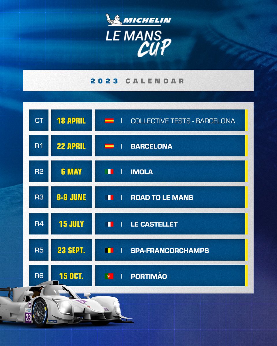 GillianHenrion's tweet photo. My 2023 calendar for the Michelin Le Mans Cup championship โก๏ธ
๐ช๐ธ 18 April #LMCTest
๐ช๐ธ 22 April #BarcelonaRound
๐ฎ๐น 6 May #ImolaRound
๐ซ๐ท 8 & 9 June #RoadToLeMans
๐ซ๐ท 15 July #LeCastelletRound
๐ง๐ช 23 September #SpaRound
๐ต๐น 15 October #PortimaoRound
โ๏ธ
@LeMansCup - @virage
#LMC https://t.co/cdO9aWpeua