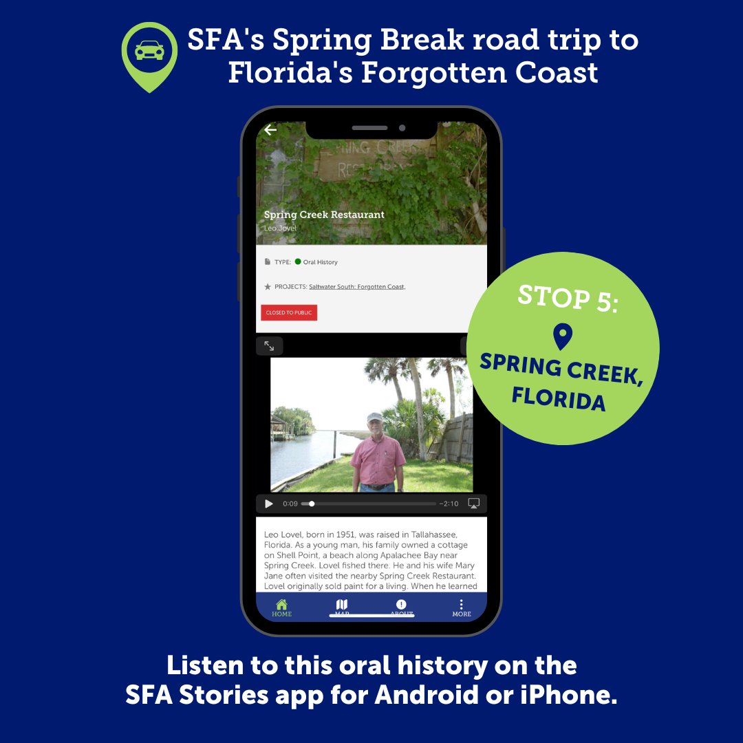 On the final stop of SFA's Spring Break road trip through Florida's Forgotten Coast, we land in Spring Creek, FL, to learn about Spring Creek Restaurant. Find this story by searching 'Apalachicola' in the SFA Stories app, available for free thanks to @TABASCO.