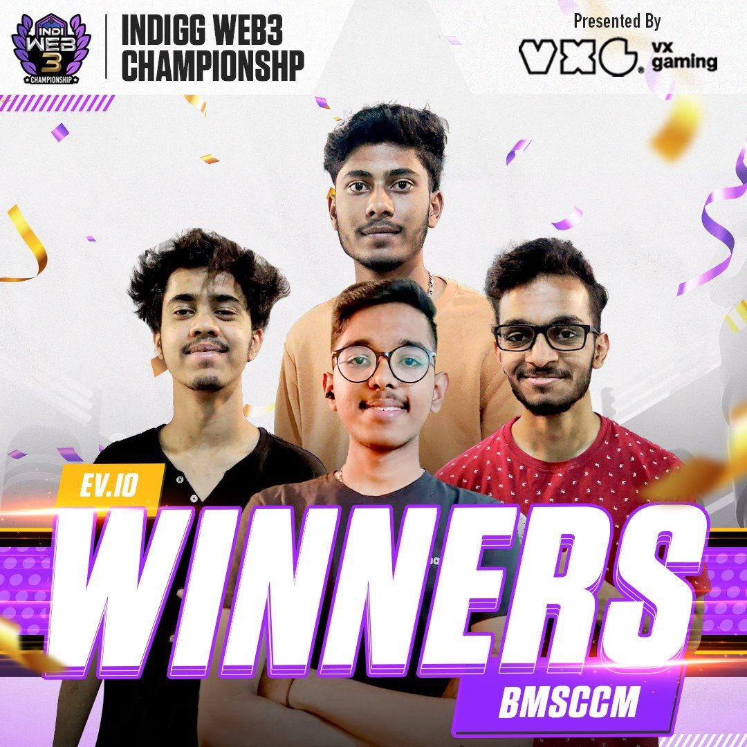 KGeN_Community's tweet photo. The winner of the @play_evio tournament at the #IndiGGWeb3Championship is #BMSCCM college!
Kudos to all the teams who have participated at @vxgamingorg presents #IndiGGWeb3Championship https://t.co/Z7G3iNKNsH