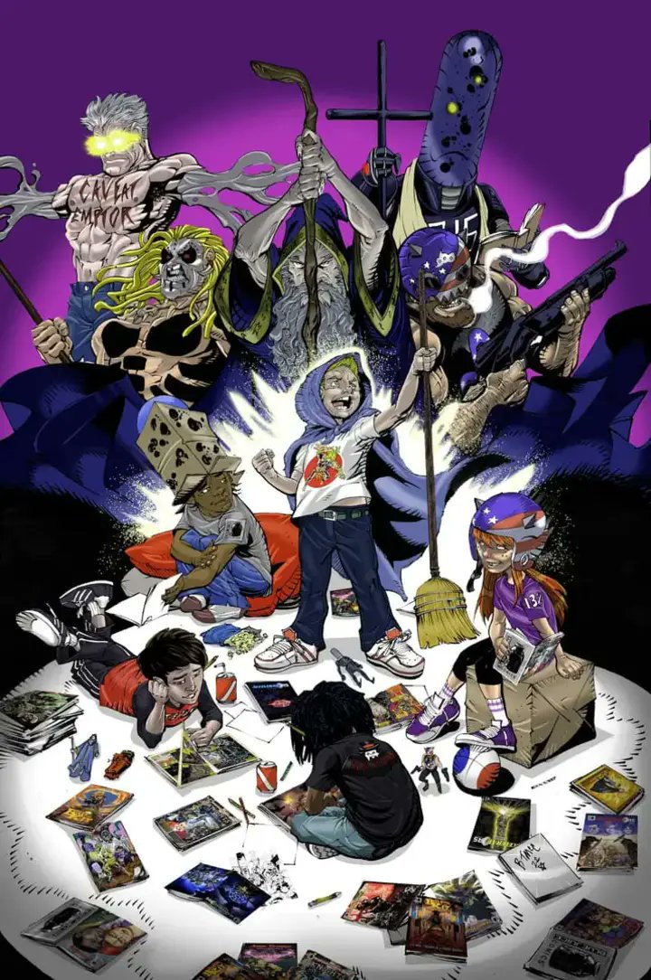 If you look very close you can see a kid version of @sundayjeff Walt  and BTMcC Barry reading and drawing Comics. Knights of the 5th Dimension Hall of Justice Collectables variant  #fourcolordemons #buybluejuice #knightsofthe5thdimension #hallofjusticecomics  #tesdtakeover