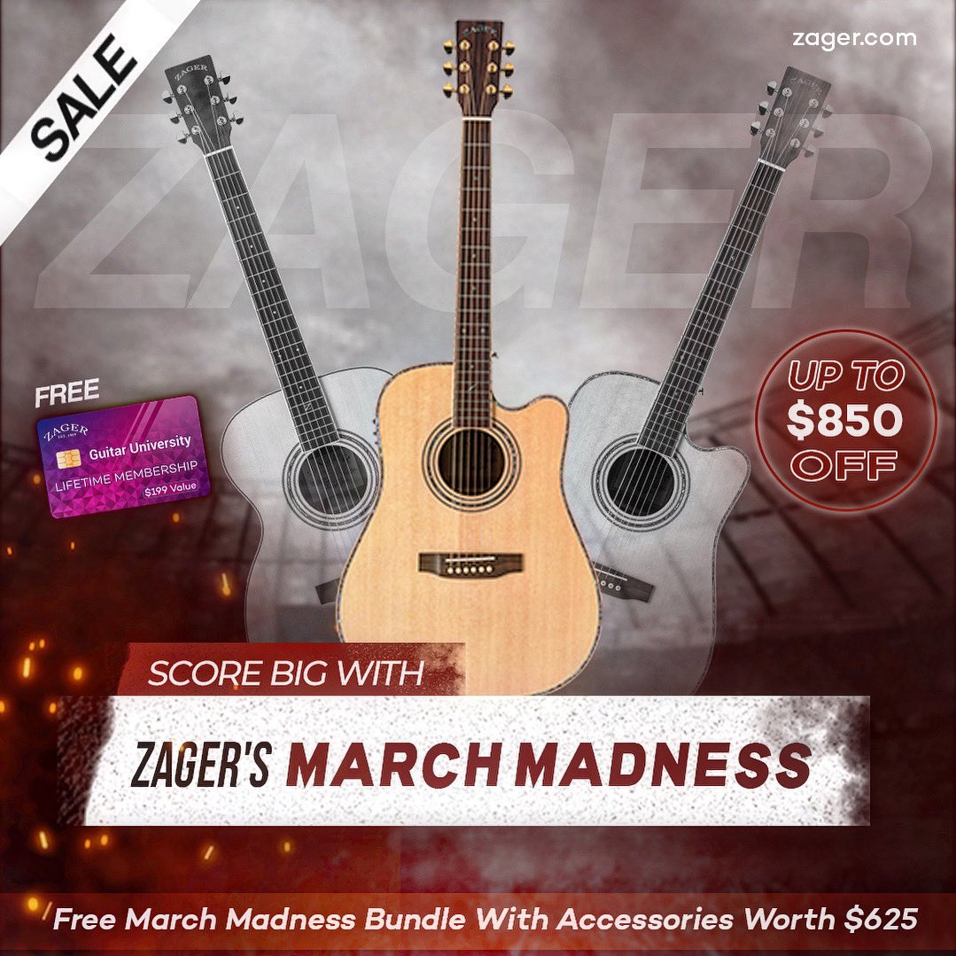 SCORE BIG with Zager’s MARCH MADNESS SALE! Get up to $850 OFF + FREE Accessories Bundle! 🤑 🛒 Shop at zagerguitar.com/march-madness-… #Zager #ZagerGuitar #guitar #guitars #AcousticGuitar #EasyPlay #EZPlay #MarchMadness #MarchMadnessSale #GuitarSale #GuitarPlayer