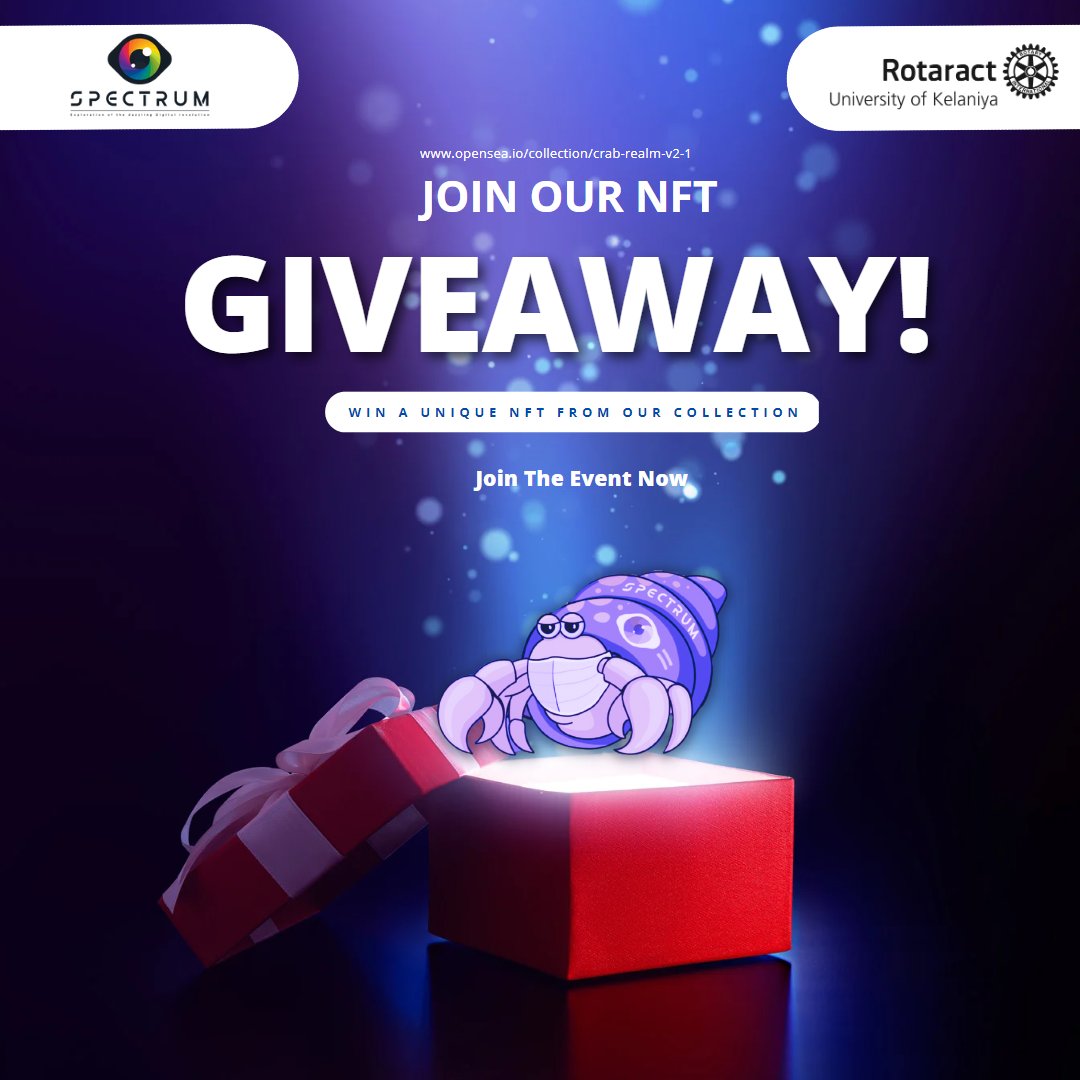 Spectrum_Racuok's tweet photo. We're excited to announce our first NFT giveaway! To celebrate the launch of our latest collection, we're giving away a limited edition NFT to one lucky winner!

To enter:
✅Follow us
✅ Like and retweet this post
✅ Tag 3 friends in the comments

 #NFTgiveaway #crabrealm https://t.co/Rg9Y4Hu5kO