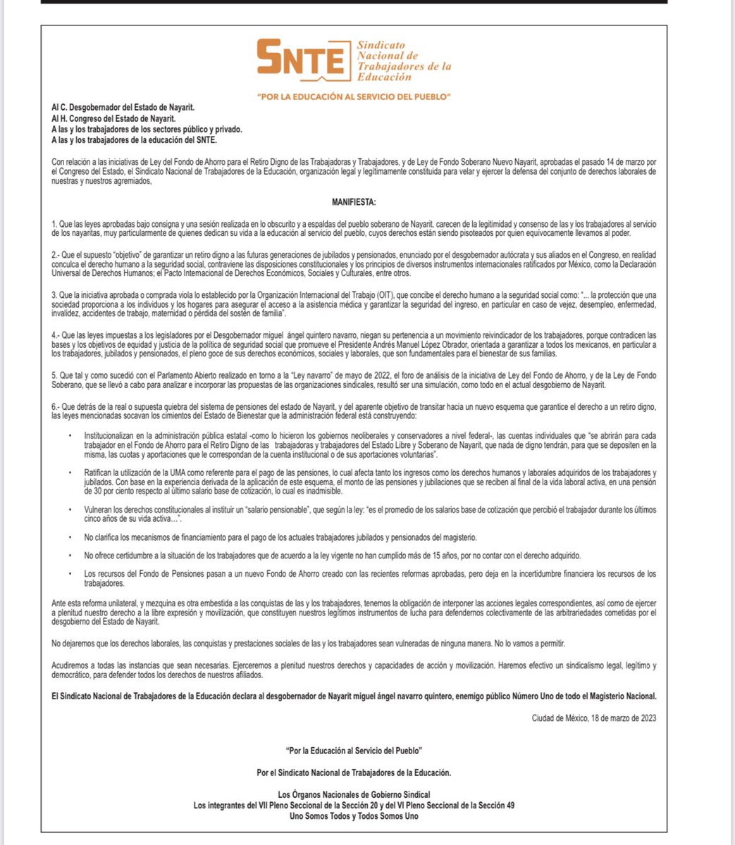#EsNoticia Algo no está haciendo bien el gobernador de Nayarit, el morenista Miguel Ángel Navarro Quintero, <a href="/MiguelANavarroQ/">Miguel Ángel Navarro</a> aquel que pintó de guinda la bandera nacional, pues ahora el magisterio  <a href="/SnteNacional/">SNTE Nacional</a> lo declaró enemigo público número uno.