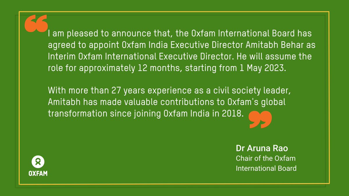 Congratulations @⁨AmitabhBehar for being appointed ED for @Oxfam  International :)

So happy to see the cause of human rights and marginalized reaching new heights with your leadership.

@OxfamIndia

@birajpat @anshugoonj @vishaltalreja @shaheenmistri @medhanarmada @rbkuldeep