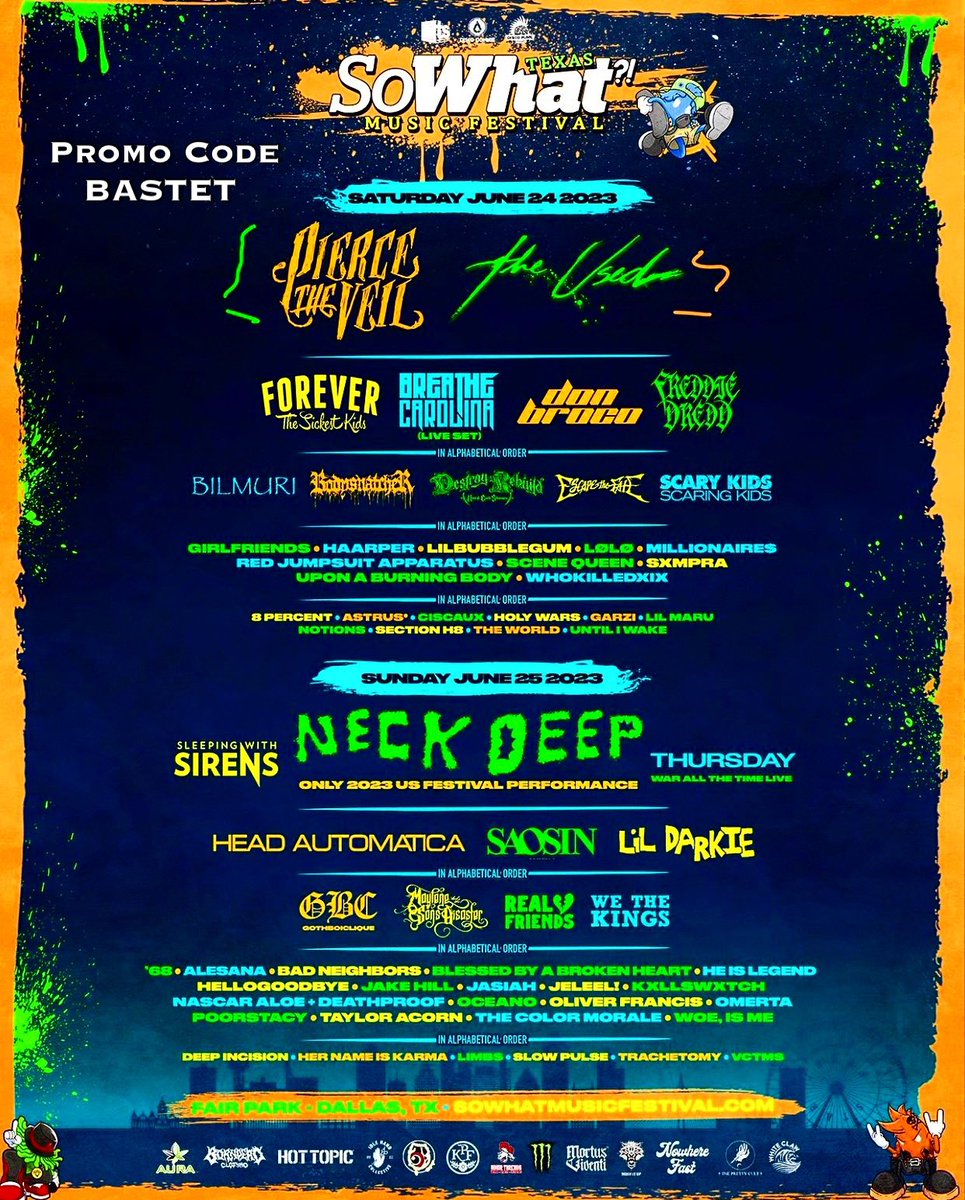 BastetPromotio1's tweet photo. Your 2023 @sowhatmusicfest lineup!! π use promo code BASTET during checkout to save! π€π€πΌ
ποΈ https://t.co/t3wYx3fUHr ποΈ
#BastetPromotions #SoWhatMusicFestival #SoWhatMusicFestival2023 #SoWhatMusicFest #SoWhatMusicFest2023 #SoWhat2023 #SWMF #SWMF2023 #SoWhatMF #SoWhatMF2023 https://t.co/KmUrHA73tb