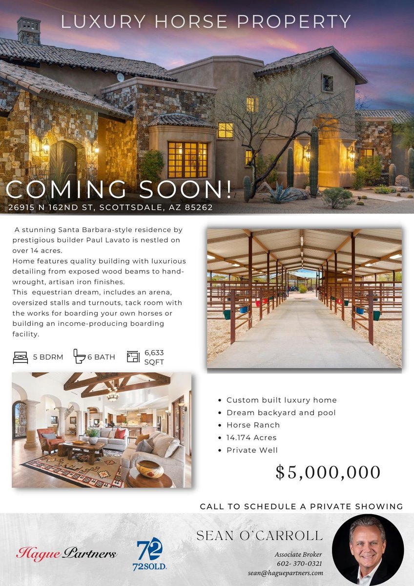 COMING SOON! 26915 N 162ND ST, Scottsdale, AZ 85262

🏡 5 Bed | 6 Bath | 6,633 SqFt
🐎 14.174 Acres
🔑 $5,000,000
#72soldaz #72sold
#haguepartners #realestateagent #azluxuryhomes #horseproperty
#azhorseproperty
#Equestrianhomes