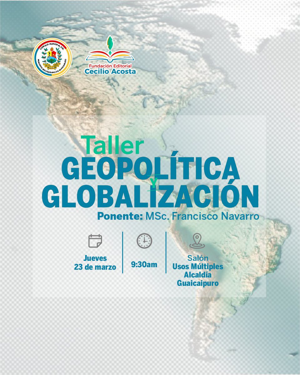 fundeca2's tweet photo. #Aprende// Este jueves 23 de marzo en el salón de usos múltiples de la @Alc_Guaicaipuro  se llevara a cabo un taller "Geopolítica Globalización", con el Msc. Francisco Navarro como ponente.

#fundeca 
#conocimiento 
#taller https://t.co/W906phRZgw