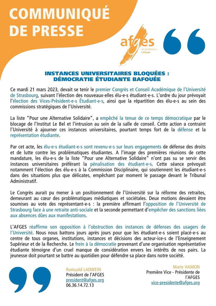 AFGES's tweet photo. 🗣️Congrès de l'Université reporté

❌"Pour une Alternative Solidaire" bloque le congrès de l'Université, entravant la démocratie

➡️L'AFGES dénonce cette action contre les usagers et demande une remise en question de la place de ces élu-e-s dans les instances universitaires https://t.co/SwOyoPHbS4