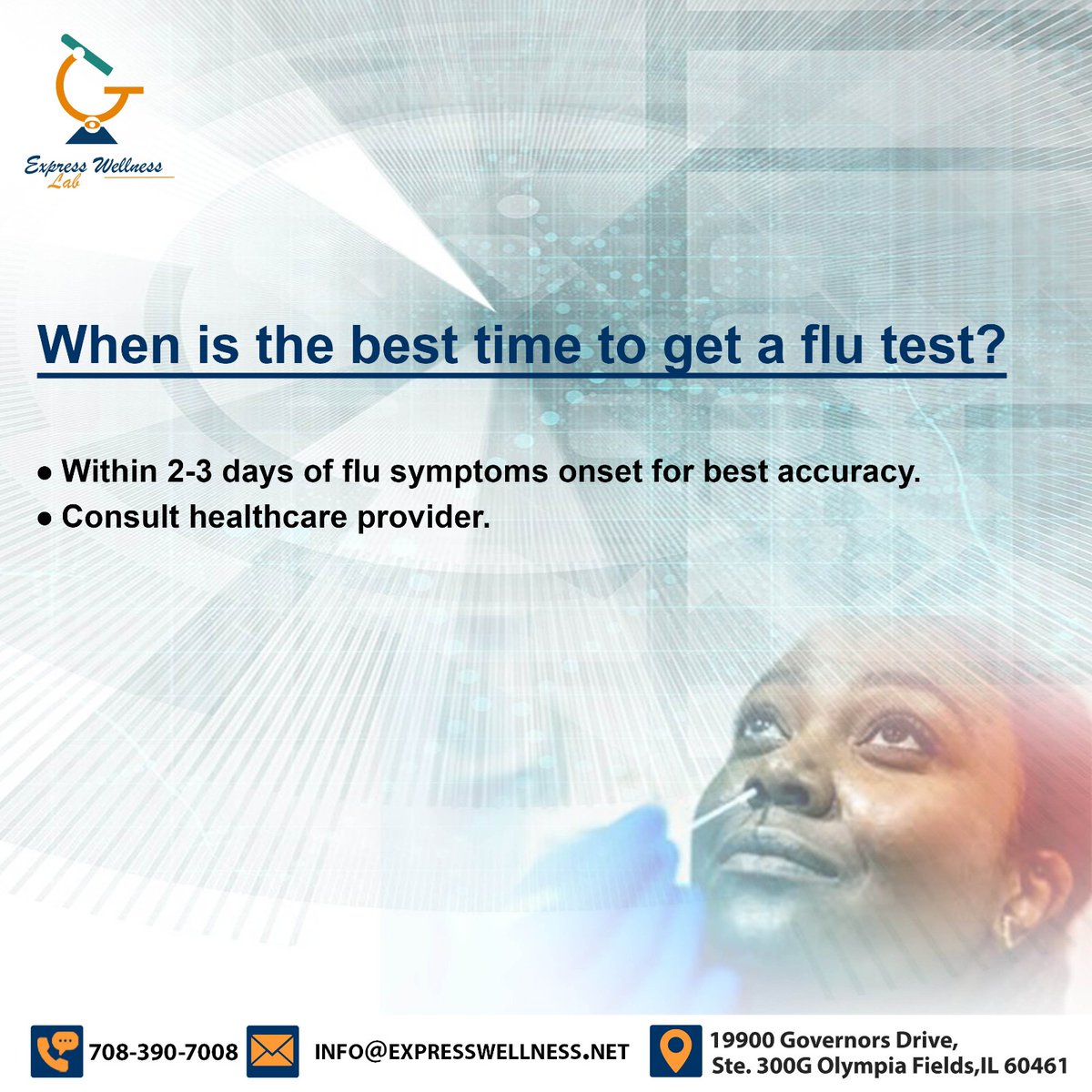 EWellnessLab's tweet image. Best time to get a flu test 
#flu #flutest #healthcare #healthyliving #fluawareness #fluseason #influenza #fluency #healthtips #healthadvice #healthcareprovider