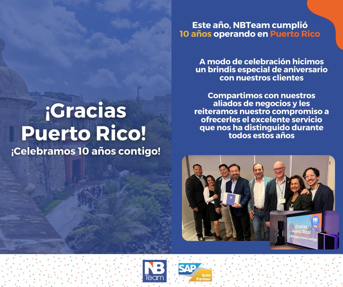 ¡NBTeam cumplió 10 años operando en Puerto Rico! 

Celebramos con nuestros aliados de negocios y les reiteramos nuestro compromiso a ofrecerles el excelente servicio que nos ha distinguido durante todos estos años.

¡Gracias Puerto Rico!