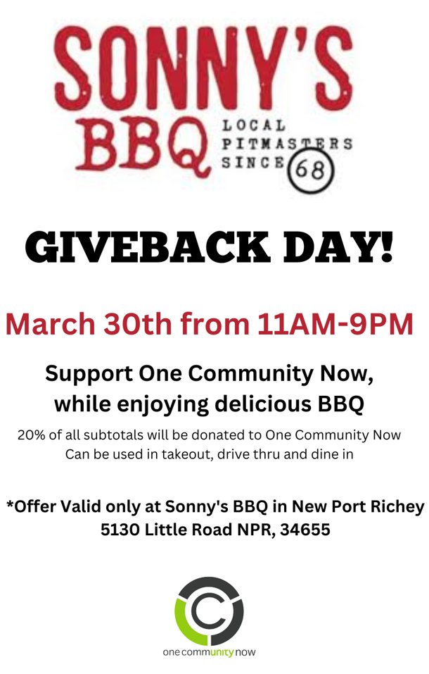 Come support One Community Now, while enjoying delicious BBQ! 20% of all subtotals will be donated to our Pack A Sack program to help us continue feeding over 1,300 students over the weekends <a href="/MarloweElem/">Marlowe Elementary</a>