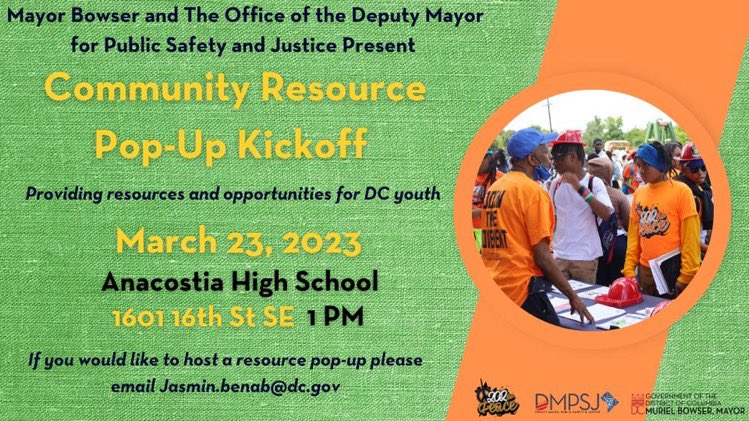 Please join us on Thursday for a Community Resource Pop-Up Fair! 

📅   March 23rd  
📍   Anacostia High School
🕑    1-4 PM

Come out to meet with agency representatives and learn about different services and opportunities for our youth. We hope to see you there! 🎉