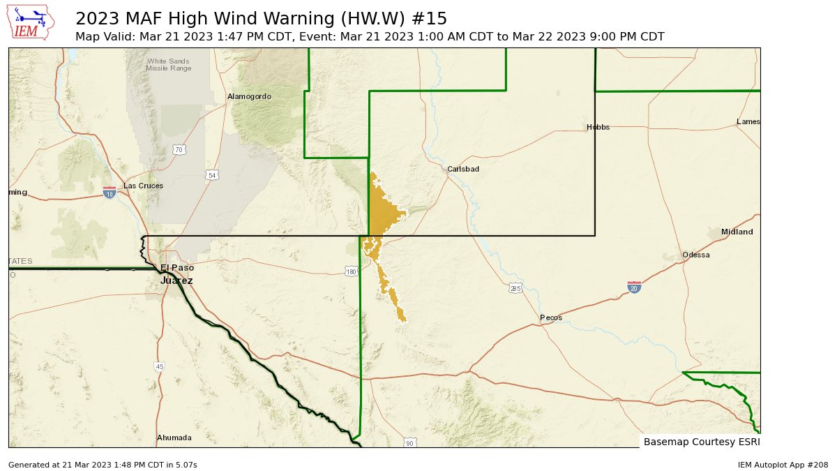 TexasStormAlert's tweet image. MAF extends time of High Wind Warning for Guadalupe Mountains of Eddy County [NM] and Guadalupe Mountains Above 7000 Feet, Guadalupe and Delaware Mountains [TX] till Mar 22, 9:00 PM CDT mesonet.agron.iastate.edu/vtec/f/2023-O-…
