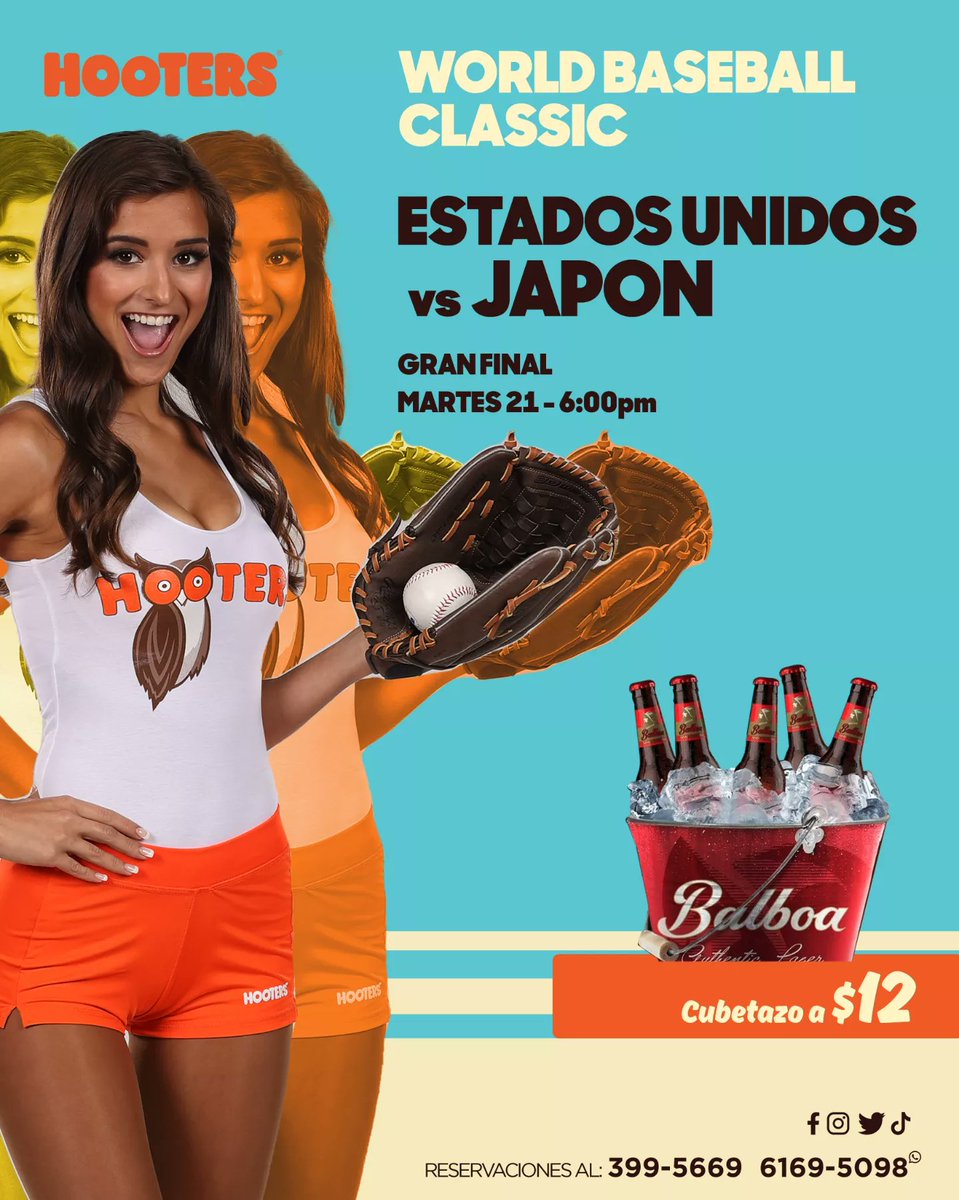 HootersPanama's tweet photo. El partido mas esperado finalmente se va a dar, la gran final del World Beisbol Classic será entre Estados Unidos vs Japón esta noche a las 6pm y lo tendremos en nuestras pantallas.
Reserva tu mesa ahora al 399-5669 o al WhatsApp 6169-5098. ⚾️💥🔥 #beisball #panama #usa #japon https://t.co/2tBnDPGC1w