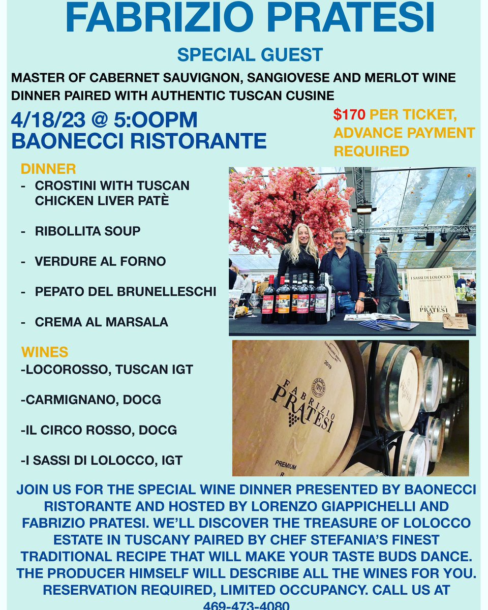 New Big Event at Baonecci Ristorante
April 18Th 2023. Hurry to book your spot. Limited availability.
$170 ticket price.