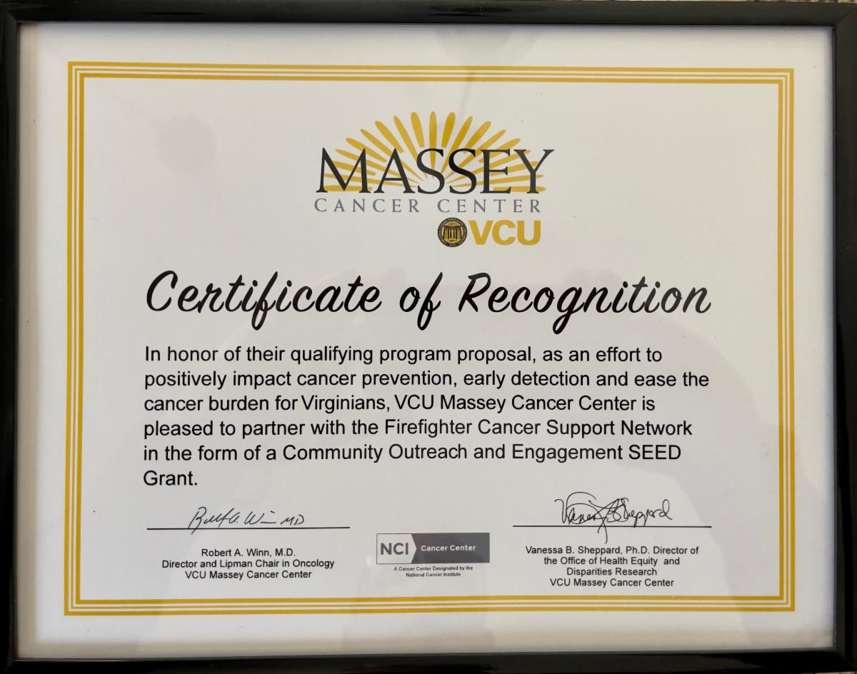 FCSN is grateful for our partners @VCUMassey. @FCSN_Virginia_ Steve Weissman & COO Joe Schumacher, Richmond L995 Pres. Keith Andes & VP Mike Oprandy received a grant from Massey Cancer Center to make possible the VA Cancer and Behavioral Health Symposium on 5/31/2023.