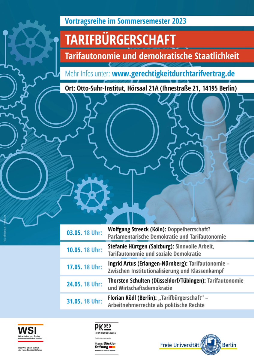 Schon jetzt vormerken: Unsere Vortragsreihe im Sommersemester an der <a href="/FU_Berlin/">Freie Universität</a> zu #Tarifbürgerschaft! <a href="/boeckler_de/">Hans-Böckler-Stiftung</a> <a href="/ArbeitsrechtHSI/">Hugo Sinzheimer Institut</a> <a href="/WSIInstitut/">WSI Düsseldorf</a> @UofGWorkoD #GerechtigkeitdurchTarifvertrag