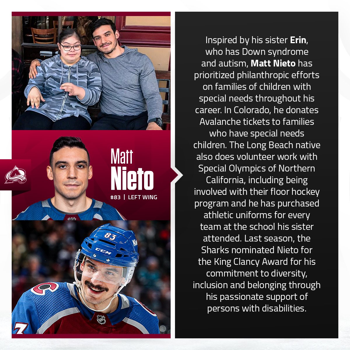 Matt Nieto’s sister, Erin, has Down syndrome and autism. Erin is his biggest fan and despite being non-verbal, she can say 20 words including Matt’s number, 83. Throughout his career, Matt has prioritized philanthropic efforts on families of children with special needs.…