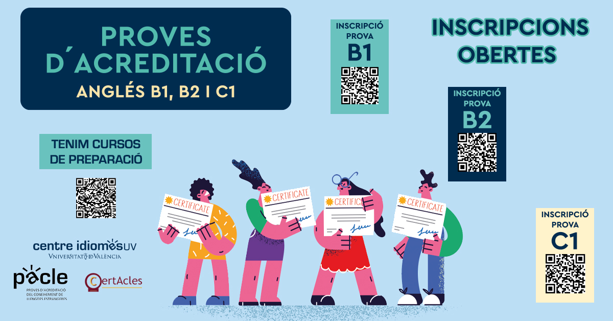 centreidiomes's tweet photo. 📢 INSCRIPCIONS OBERTES
Si necessites entregar una certificació d'anglés per al TFG, per a anar-te d'Erasmus o per a opositar, ESTE ÉS EL MOMENT

📄 Comencen les inscripcions per als exàmens de maig-juny de la PACLE del @centreidiomes 
💶 Grans descomptes per a la comunitat UV https://t.co/On1RqTVUVx