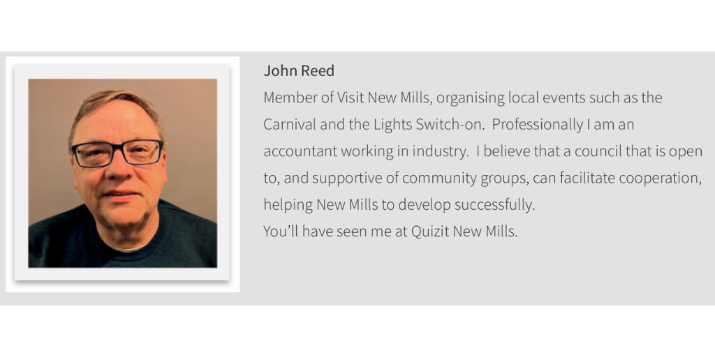 NMTogether's tweet photo. Meet John Reed - our third of five candidates in Whitle ward #NewMillsTogether - remember you can vote for all five of our candidates on the 4th May in #Whitle https://t.co/N717kJDGly