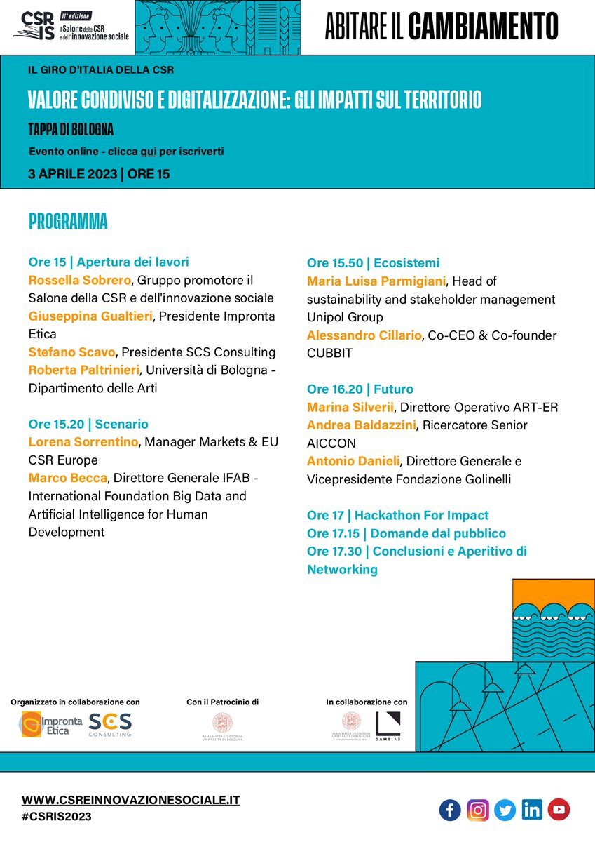 ImprontaEtica's tweet image. Online il #Programma della tappa Bolognese del @CSRIS_it organizzata da Impronta Etica e @SCS_Consulting per il 3 aprile

Consulta il programma e registrati al seguente link: tinyurl.com/2n454jf3 

@RossellaSobrero @CsrMarisa @Unibo @CSREuropeOrg @IFABfoundation @_cubbit