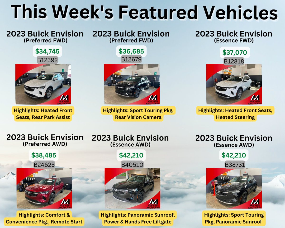 MeyerMotors's tweet photo. Only a few more days to take advantage of our weekly special vehicles! The 6 vehicles below have been discounted until Thursday night. Visit our website for more info! #BuickEnvision https://t.co/Ccu8uVQGzQ