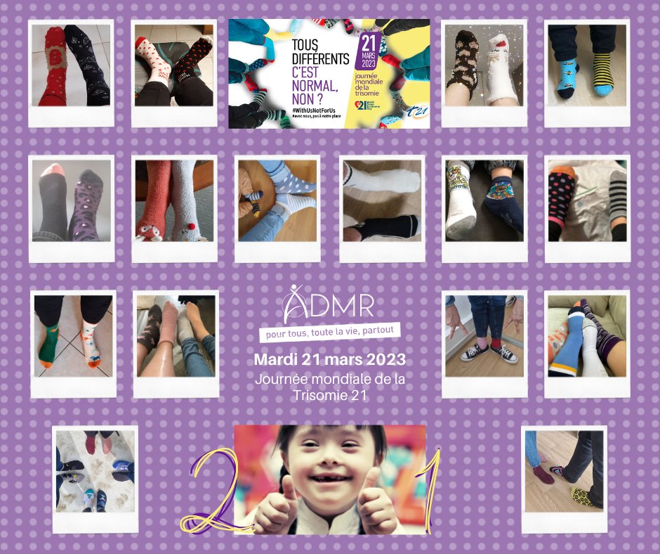 En ce 21 mars 2023, Journée mondiale de la #Trisomie21, l'#ADMR du #Jura se mobilise et participe à l’Opération #Chaussettesdépareillées 🧦📸
Tous différents c’est normal, non ? 😉
#Socksbattle #WithUsNotForUs