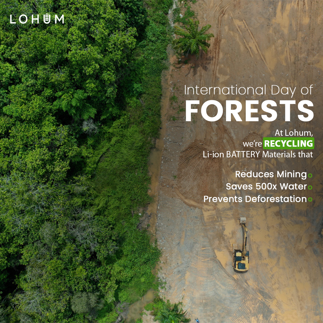 lohum's tweet photo. On #InternationalDayOfForests, remember the crucial role forests play in sustaining ecosystem &amp; how mining of Li &amp; Co leads to deforestation.

Lohum’s commitment to recycle battery materials tends to reduce the mining impact on the forests. Visit https://t.co/gagtSC6Dqj &amp; know! https://t.co/mtZIx7vOWM