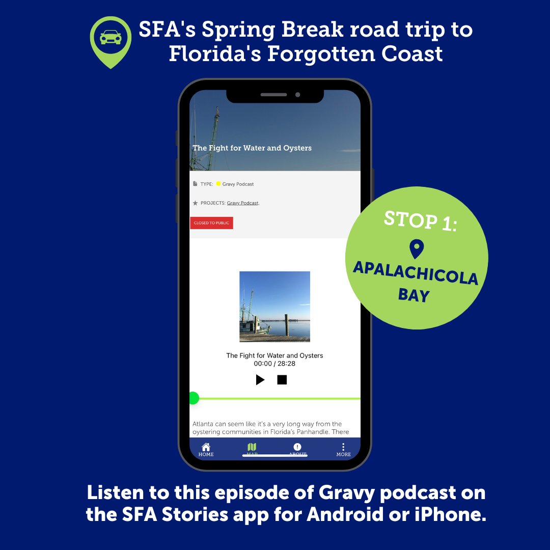 📍The first stop on SFA’s Spring Break road trip to Florida’s Forgotten Coast is Apalachicola Bay, where @thegravypodcast explores the collapse of the region's renowned oyster population. SFA thanks @TABASCO for making the SFA Stories app free for all users.