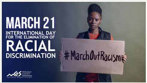 March 21 is the Intl Day for the Elimination of Racial Discrimination. A day to focus attention on the issues of racism (personal &amp; systemic), oppression, bias, white privilege, colonization, racial inequity/injustice, &amp; truth and reconciliation.  More: reginapublicschools.ca/march_out_raci…