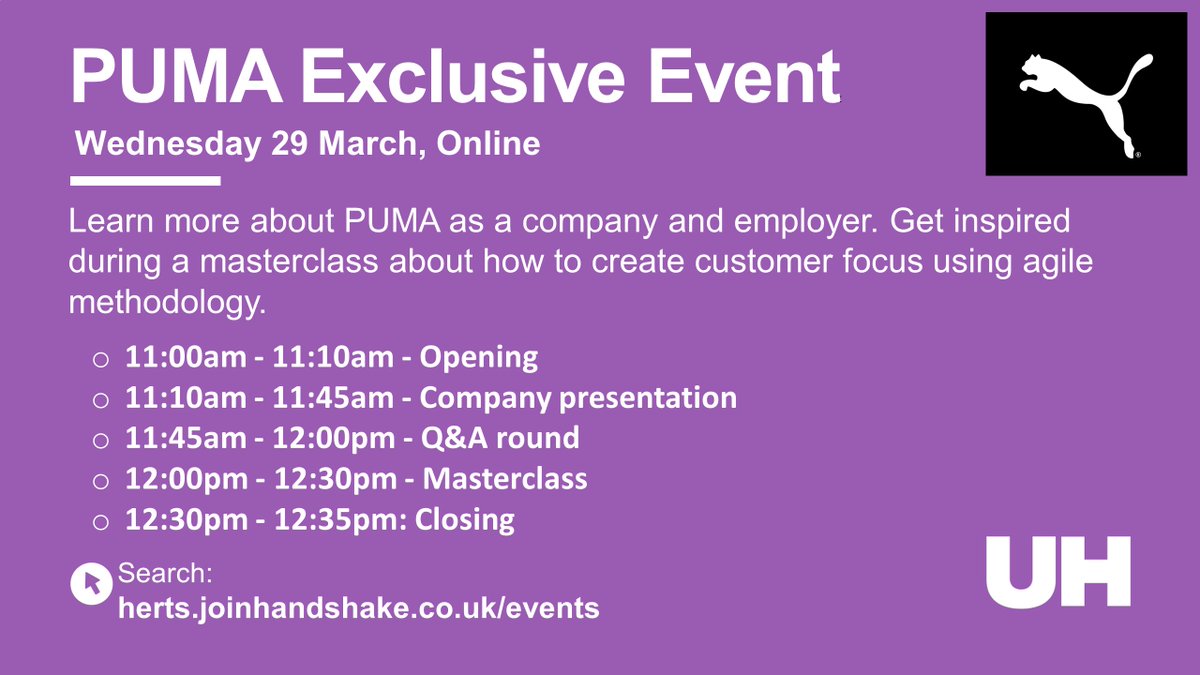 On 29th March, <a href="/PUMAGroup/">Hun33er</a> are delivering an online employer talk.

For more information, register on Handshake: app.joinhandshake.co.uk/edu/events/264…
