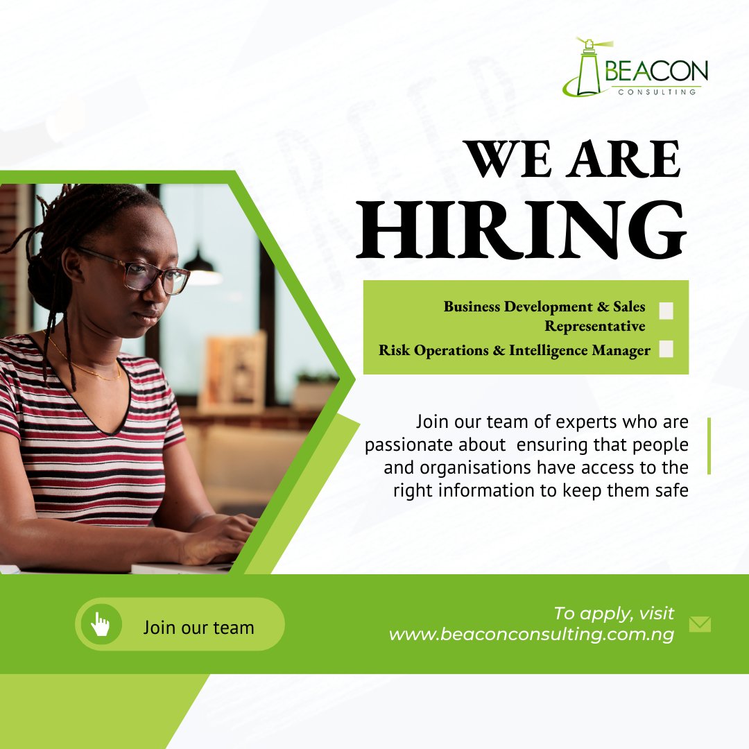We are hiring!
Are you interested in joining our team?

Then we have some positions just for you!

Visit our website for more details and apply.
lnkd.in/d-yYx4ja

#BeaconNG #Jobs #JobsinNigeria #AbujaJobs #Careers