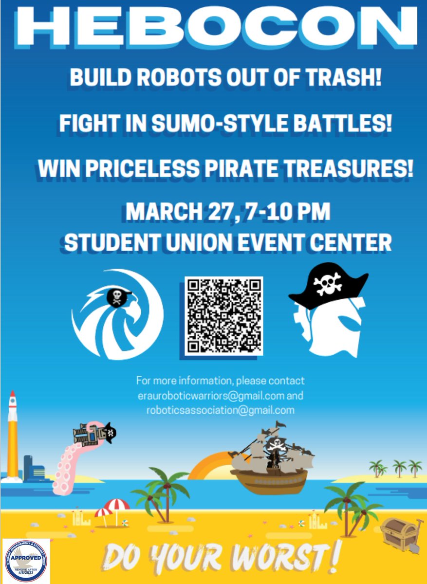 RAERrobotics's tweet image. AVAST YE MATEY! Students of #embryriddledaytona there are PIRATES on our shores bringing #Hebocon back for #BlueandGoldweek 
We&apos;re teaming up with @rwerau to host Hebocon on MARCH 27TH from 7-10pm. Come compete for our fabulous pirate prizes!
And as always, #DOYOURWORST
