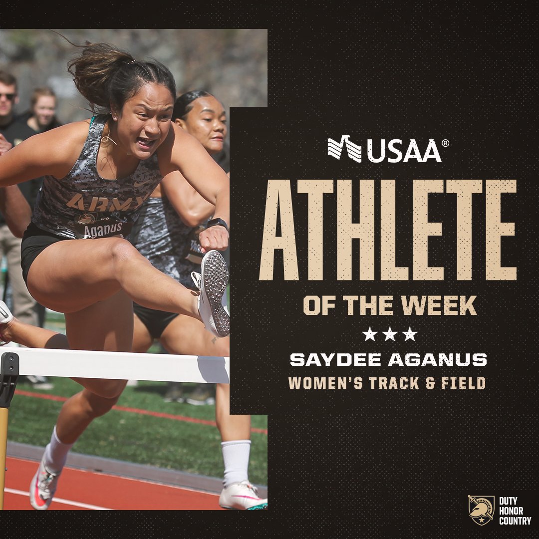 GoArmyWestPoint's tweet photo. Our Athlete of the Week, presented by @USAA, is Saydee Aganus of @ArmyWP_TrackXC 👏👏👏

She claimed victory in the 100m hurdles at the Penn Challenge, setting a new program record, which was her second record breaking performance in past four weeks!

#GoArmy https://t.co/NWuG13Hq3j
