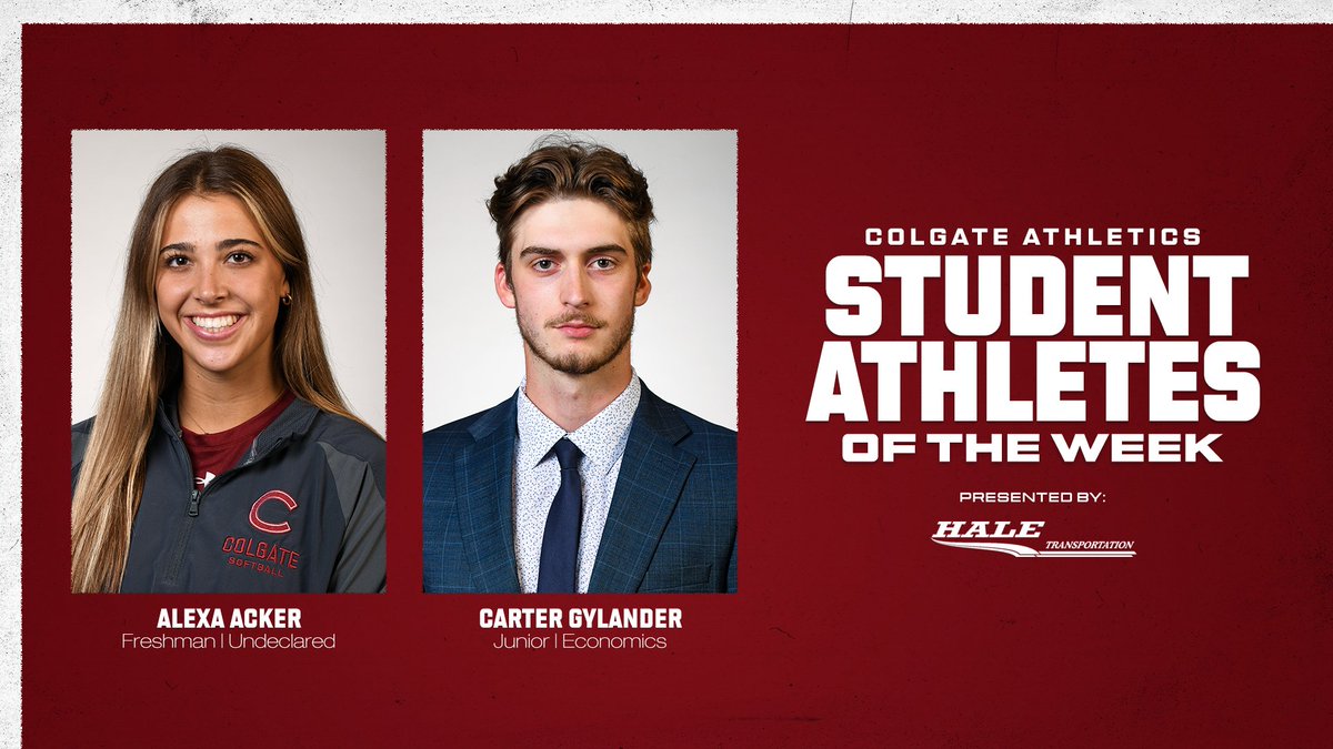 𝐒𝐭𝐮𝐝𝐞𝐧𝐭-𝐀𝐭𝐡𝐥𝐞𝐭𝐞𝐬 𝐨𝐟 𝐭𝐡𝐞 𝐖𝐞𝐞𝐤

◾️Alexa Acker of <a href="/ColgateSoftball/">Colgate Softball</a> struck out 6️⃣ batters in the Raiders' shutout win last weekend.

◾️Carter Gylander of <a href="/ColgateMIH/">Colgate Men's Hockey</a> was named Most Outstanding Player in the ECAC men's hockey championship.

#GoGate