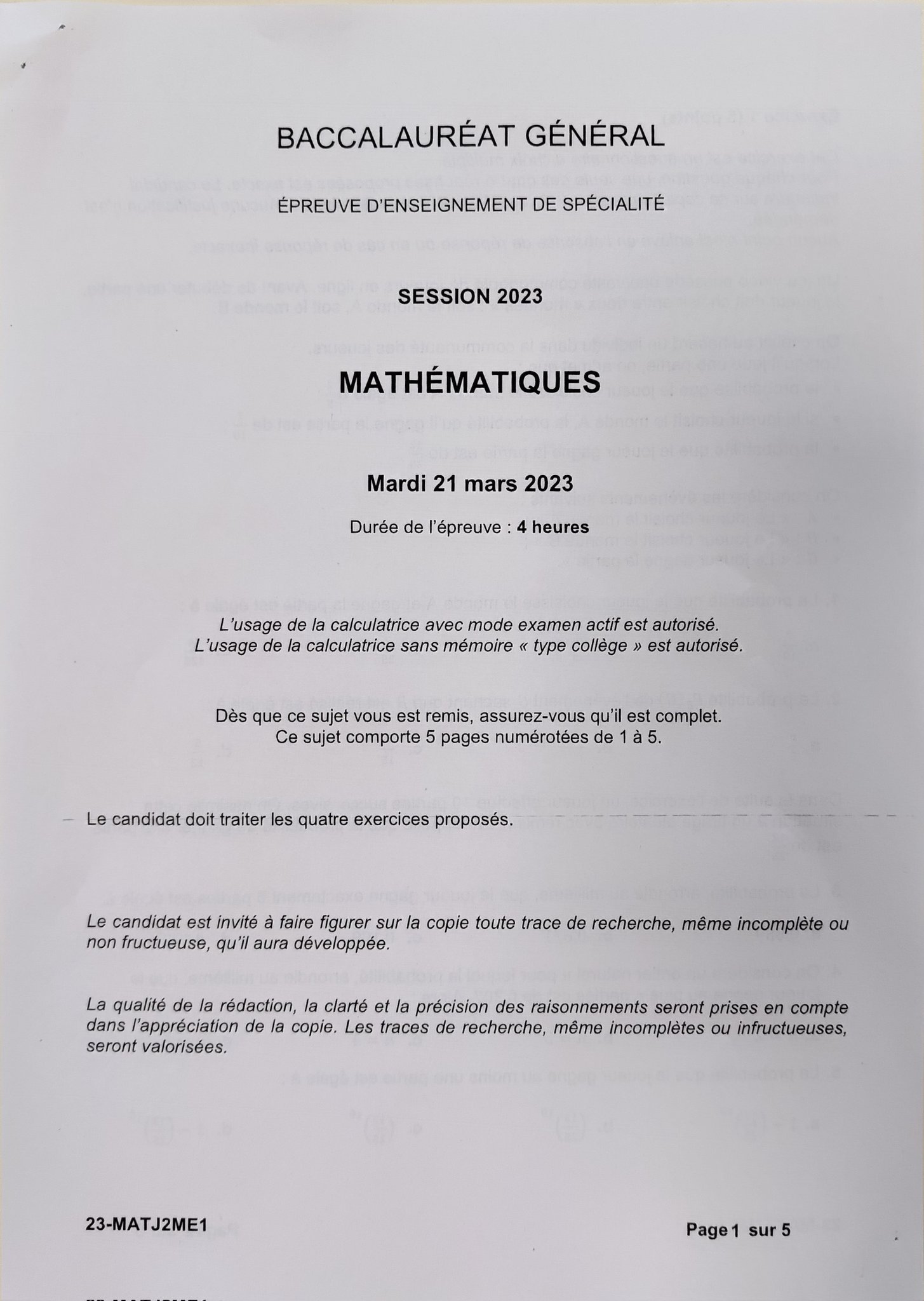 nsi.xyz on Twitter "Sujet de bac 2023, spé maths 🥳 20 mars 2023, Jour 2. Réf 23MATJ2ME1 1