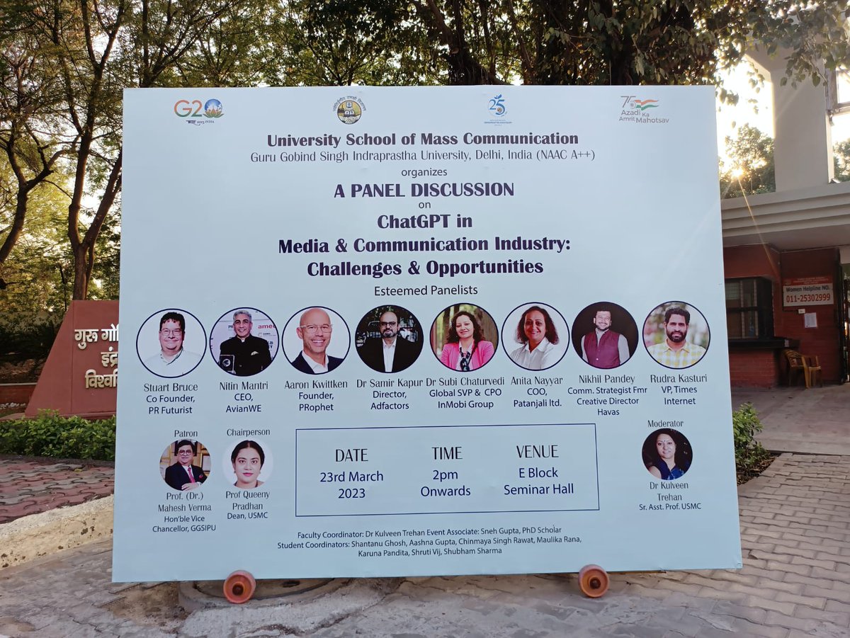 University School of Mass Communication <a href="/GGSIPUIndia/">Guru Gobind Singh Indraprastha University</a> organizing a panel discussion on ChatGPT in media and communication industry  with leaders from Communication  Industry on 23rd March 2023 at GGSIPU campus.
#AILedRevolution #ChatGPT